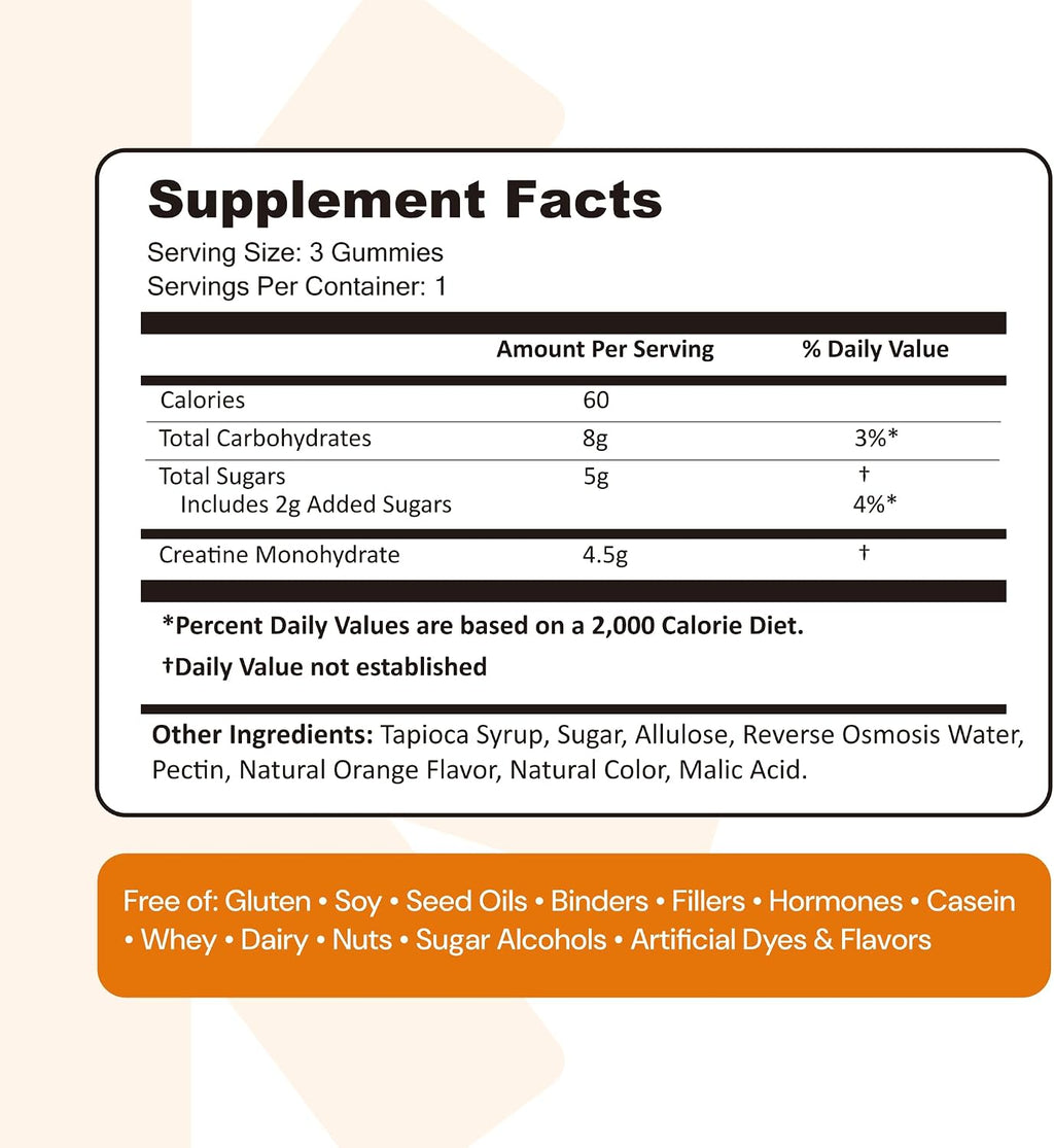 Create Creatine Monohydrate Gummies for Men & Women, Boost Focus, Strength, and Endurance, Anti-Melting Formula, Vegan, Gluten-Free, Non-GMO, 1.5g of Creatine per Gummy (Orange)