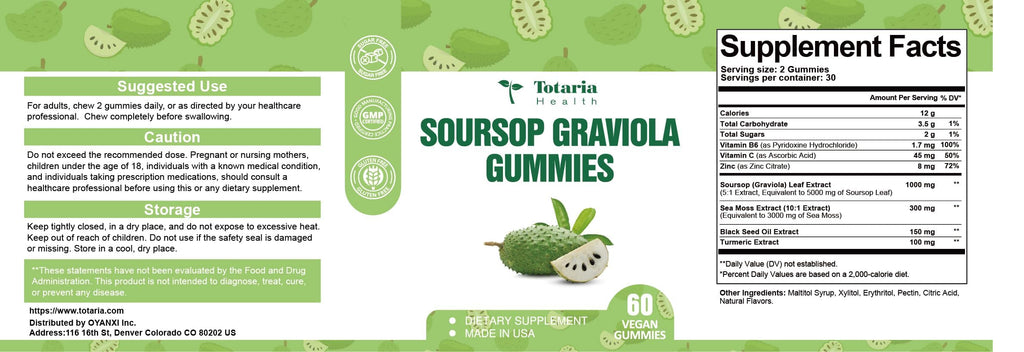 Totaria Sugar Free Soursop Oil Graviola Sea Moss Gummies - Support Digestive Sleep Skin Health, Immunity & Antioxidant - Guanabana Fruit with Sea Moss, 150mg Black Seed Oil Organic Non-GMO Vegan