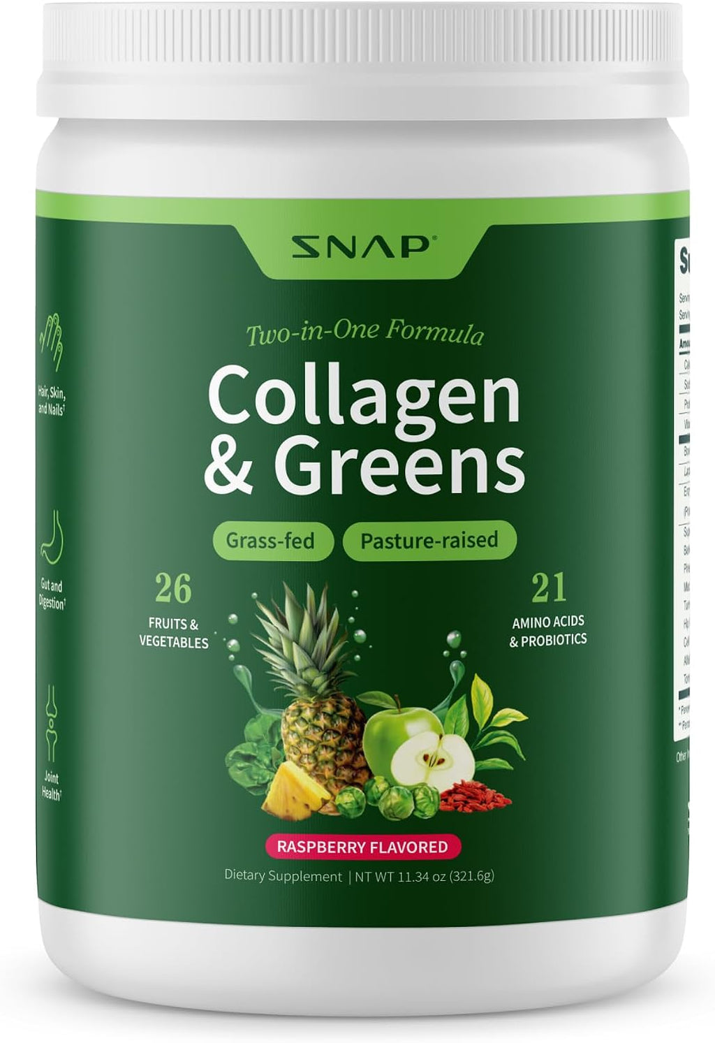 Snap Supplements Super Greens Powder with Collagen Peptides, 11.34 oz | 26 Fruits and Vegetables, Grass Fed, Non-GMO Daily Greens for Hair, Skin, Nails & Joint Support, 30 Servings, 1 Month Supply