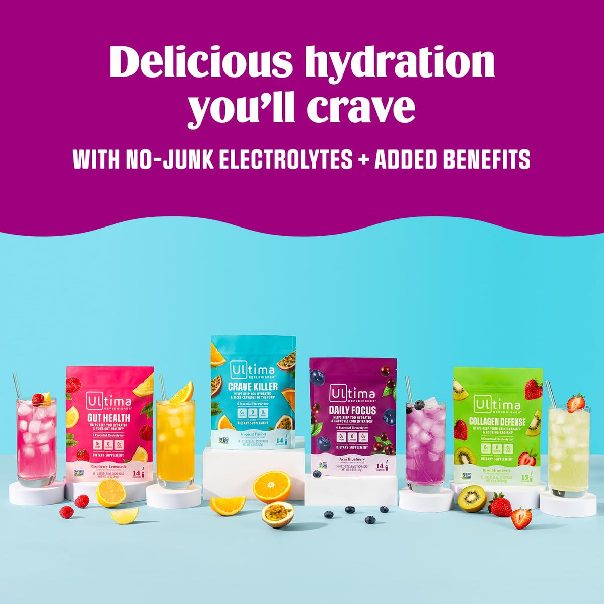 Ultima Replenisher Gut Health Supplement, Raspberry Lemonade, 14 Stickpacks | Daily Zero Sugar Electrolyte Powder Hydration Packets with 6 Key Electrolytes, Prebiotics & Probiotics for Gut Health Support