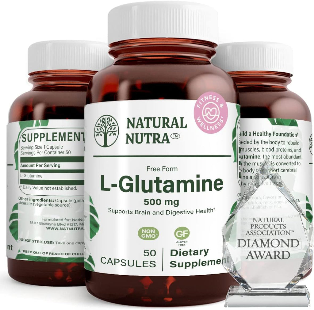 Natural Nutra L-Glutamine Supplements, 500 mg, 50 Capsules | Helps to Promote Optimal Brain Functioning, Supports Digestive Functioning, Improves Muscle Health & Boosts Memory & Focus