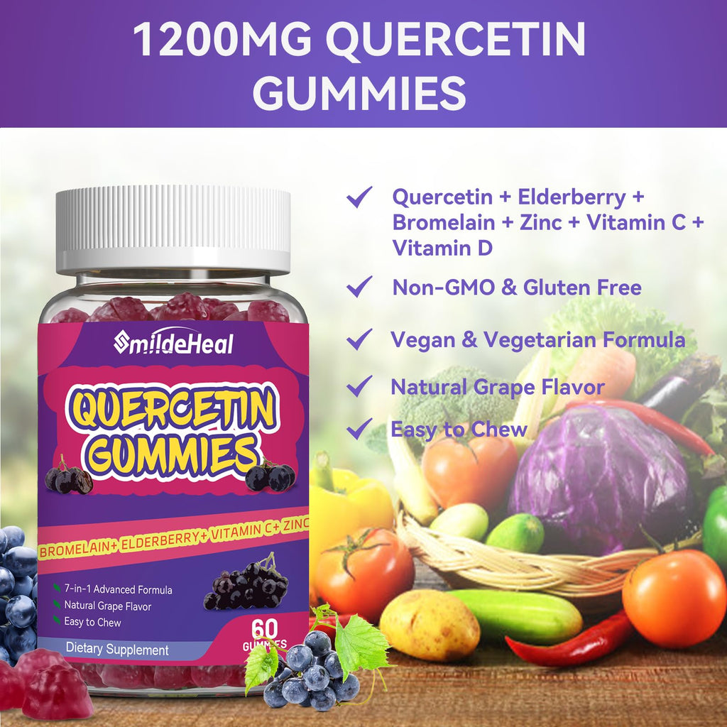 2 Pack Quercetin Gummies 1200MG, Quercetin Gummies with Bromelain, Zinc Vitamin C, Immune System Vegan Gummy for Adult & Kid, 120 Vegan