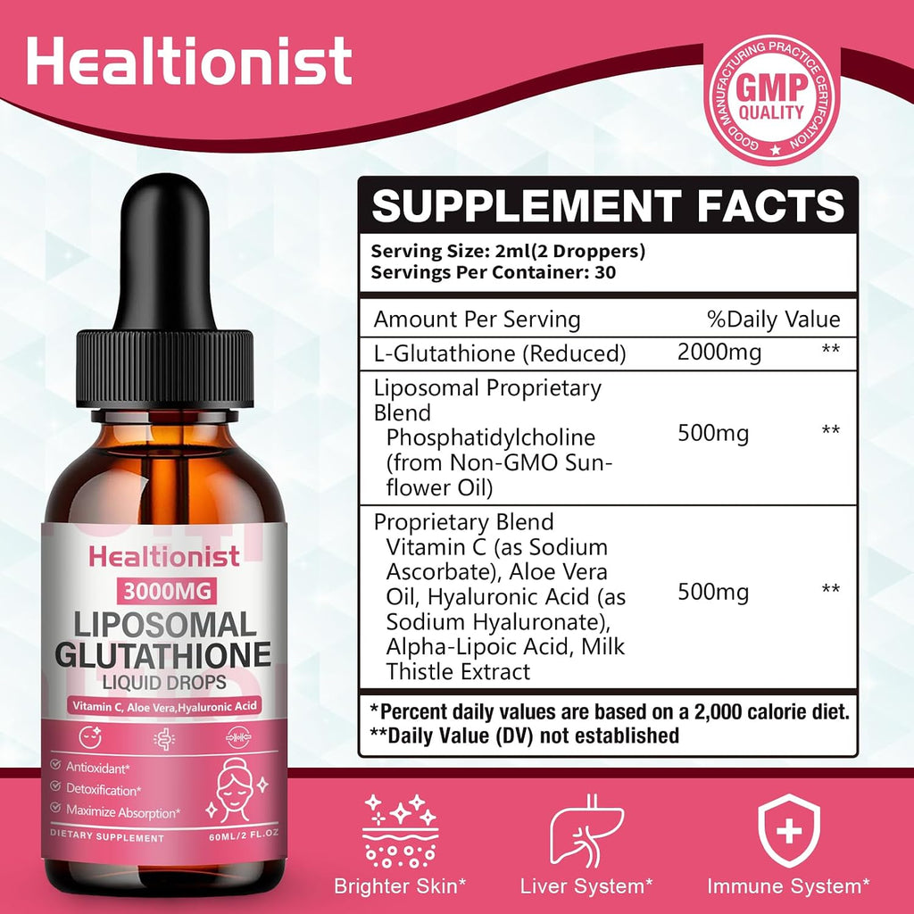 2 Pack 3000mg Liposomal Glutathione Liquid Drops with Vitamin C, 98% Absorption, Glutathione Liposomal Supplement, Powerful Antioxidant Complex for Immune System, Liver, 4 Fl Oz per Bottle