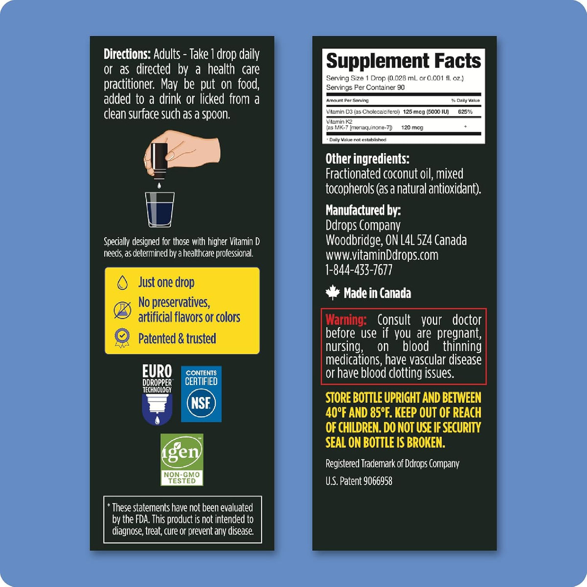 Ddrops Extra Strength 5000 IU Vitamin D3 + K2 90 Drops - Liquid Vitamin D3 & K2 (MK7) Supplement. Supporting Strong Bones, Immune System and Cardiovascular Health.