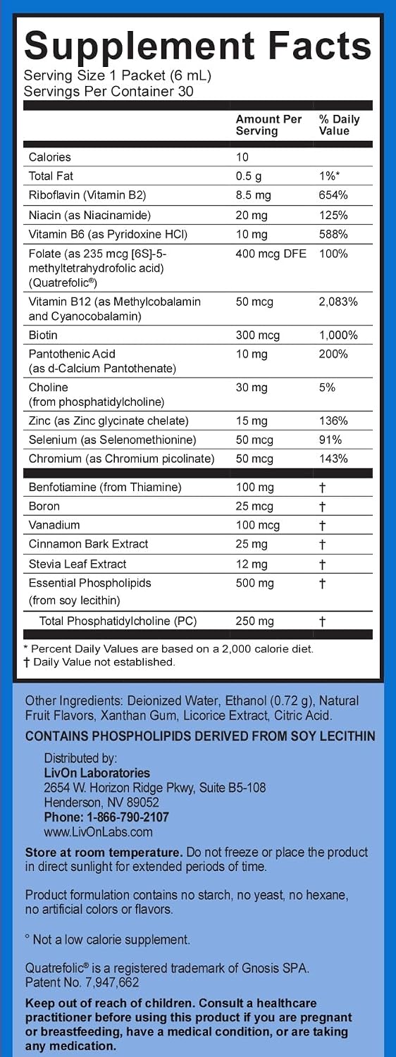 LivOn Laboratories Lypo–Spheric B Complex Plus – 30 Packets – 195 mg B Vitamins, Minerals & Cinnamon Per Packet – Liposome Encapsulated for Improved Absorption – 100% Non–GMO
