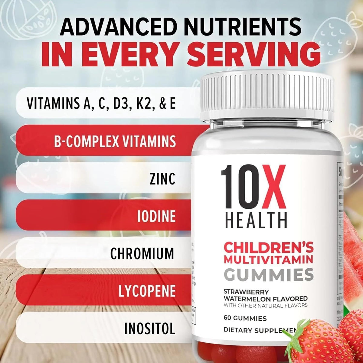 10X Health Kids Multivitamin - 60ct, Strawberry Watermelon | Immunity Gummies for Kids: Complete Daily Nutrition, Bones & Energy, Strawberry Watermelon