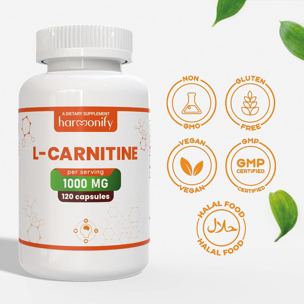 L Carnitine Supplement 1000 mg per Serving, 120 Vegetarian Capsules & Pure Form, 60 Servings