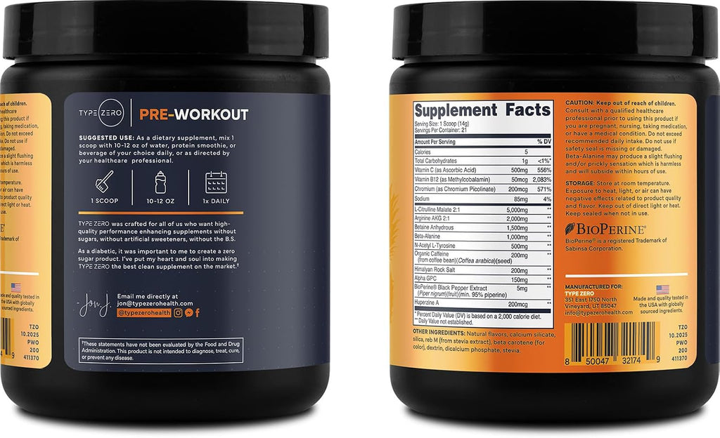 Type Zero Clean Pre Workout Powder (Pineapple Mango) 21 Servings | 200mg Natural Caffeine, L-Citrulline Malate, Beta Alanine, Alpha GPC, Huperzine A, Himalayan Salt, Sugar Free
