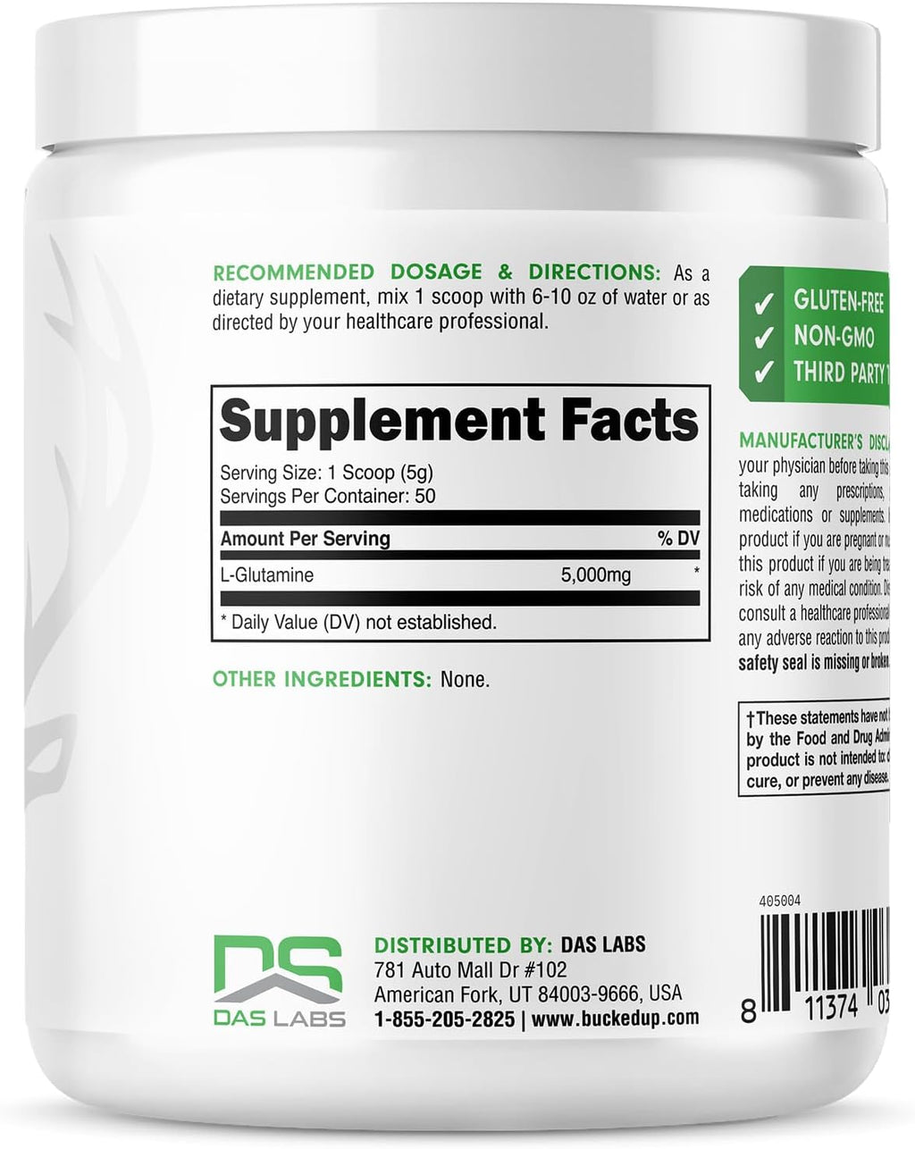 Bucked Up L-Glutamine (5000mg), Essentials (50 Servings, 250 Grams)