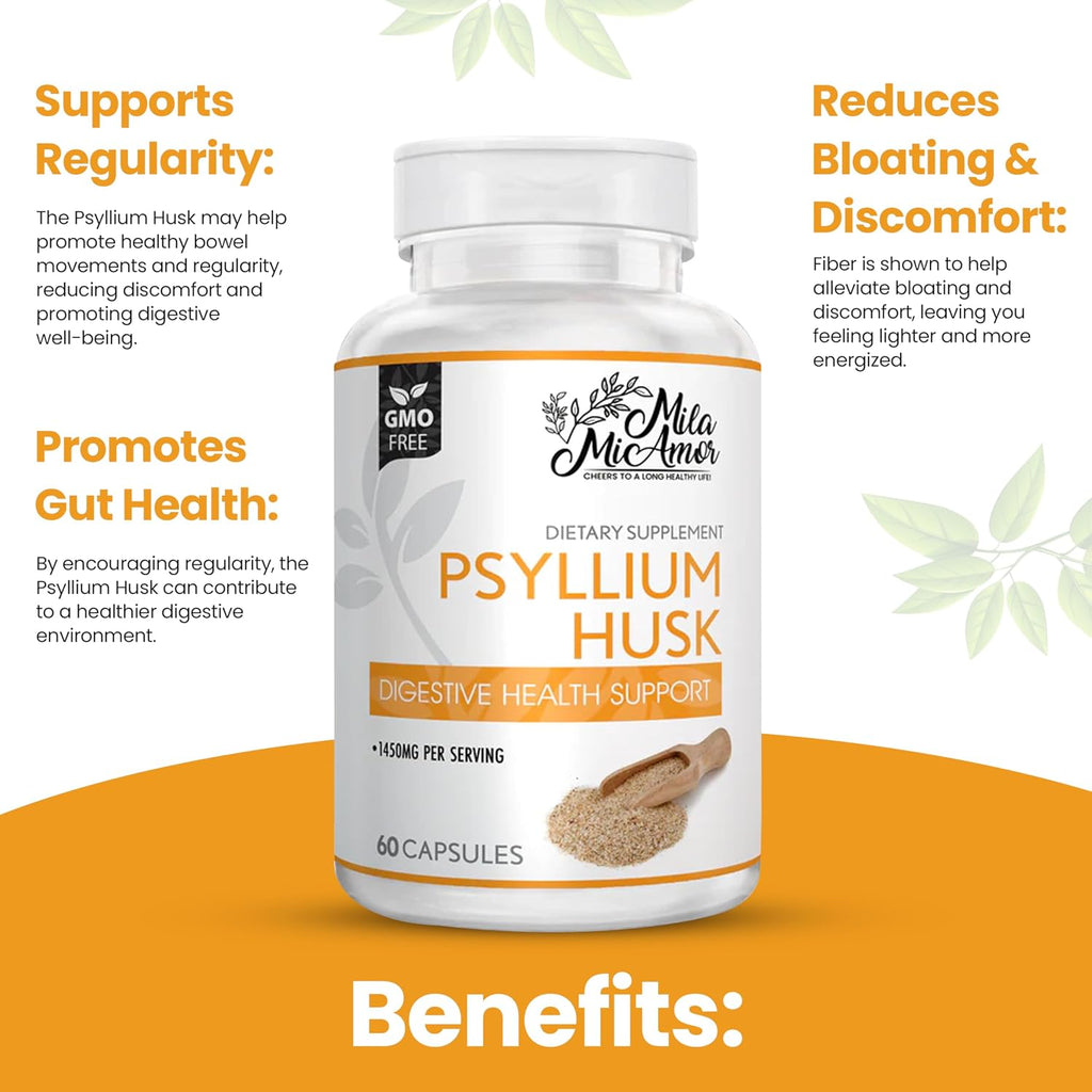 Mila Miamor Psyllium Husk Capsules – 60 Count – Gut & Colon Support Supplement – Promotes Digestive Health & Regularity – Non-GMO, High Fiber Formula
