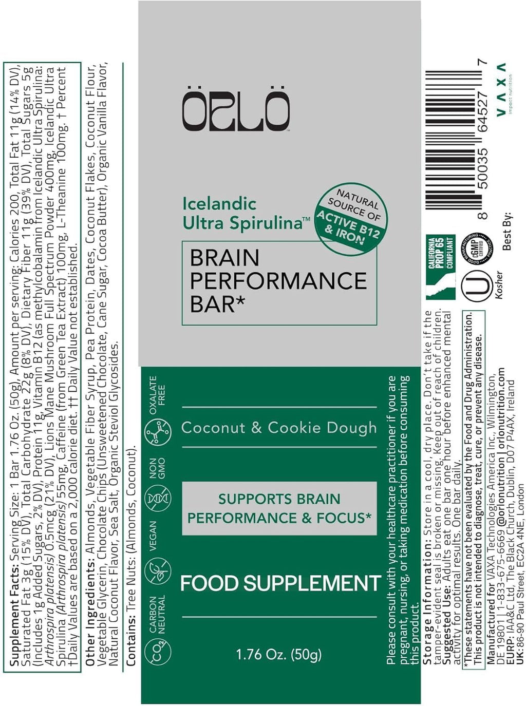 ORLO BRAIN PERFORMANCE BAR – Vegan Protein Bars for Brain & Energy Support – Focus & Memory, Pre & Post Workout Recovery – Gluten Free Snack with L-Theanine, Lions Mane, Spirulina & More (12 Bars)