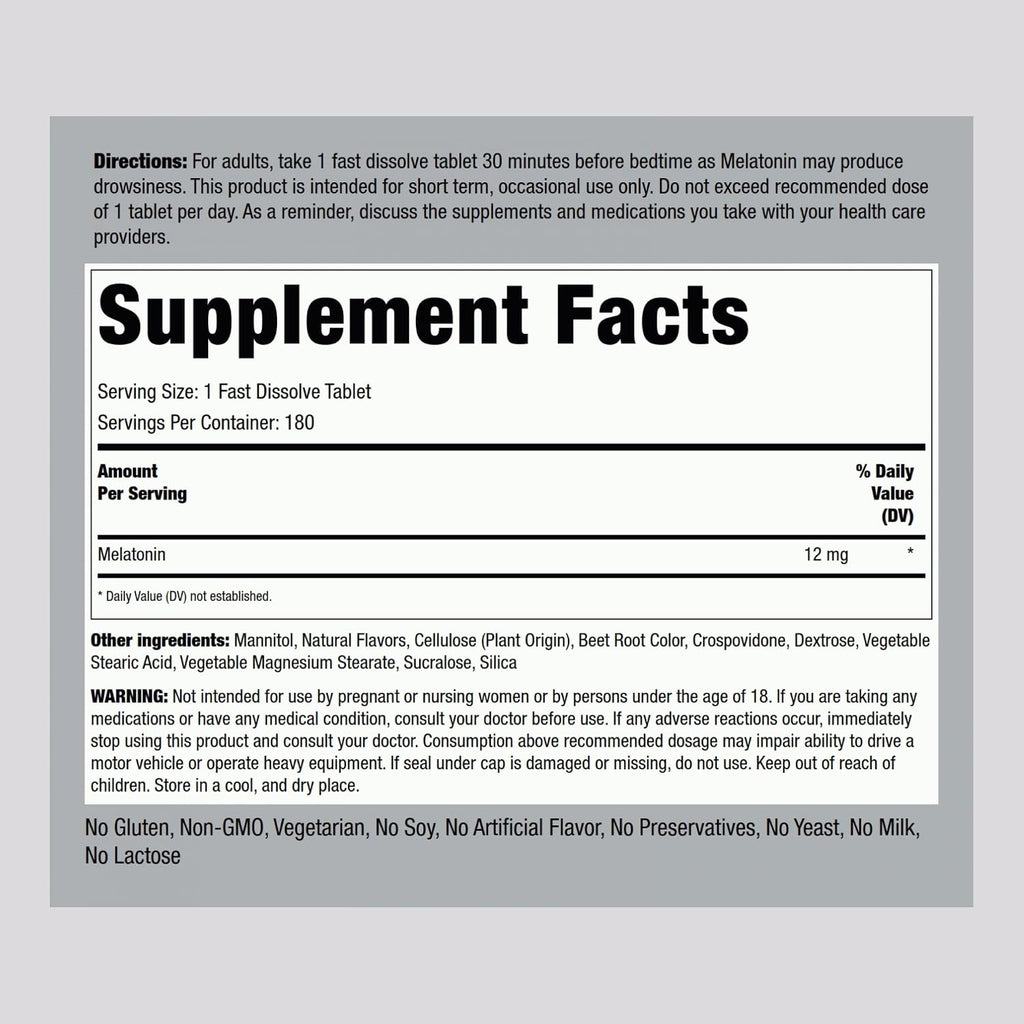 Piping Rock Melatonin 12 mg | 180 Fast Dissolve Tablets | Berry Flavor | Non-GMO, Gluten Free Supplement