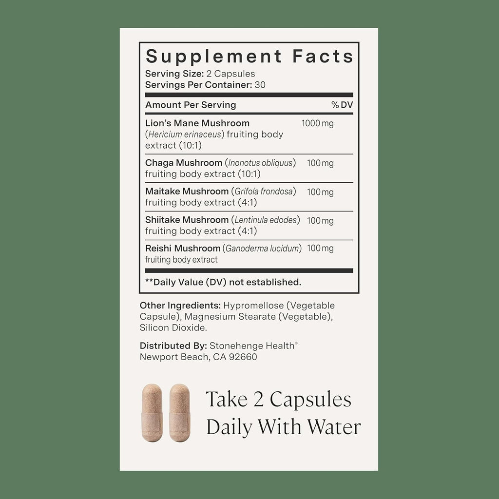 Stonehenge Health Dynamic Mushrooms 1,400 mg Per Serving, 5 Mushroom Complex (Lion’s Mane, Reishi, Chaga, Maitake, Shiitake) 100% Fruiting Bodies, No Mycelium – Brain, Memory & Immune Support 60 Caps