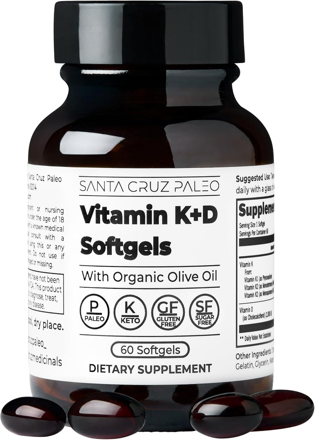 Santa Cruz Paleo Vitamin K2 + D3 Softgels, Daily Supplement with Organic Olive Oil, Includes Vitamin K1 & Two Forms of K2, Supports Heart & Bone Health, Gluten Free, Sugar Free, Paleo, Keto, 60 Count