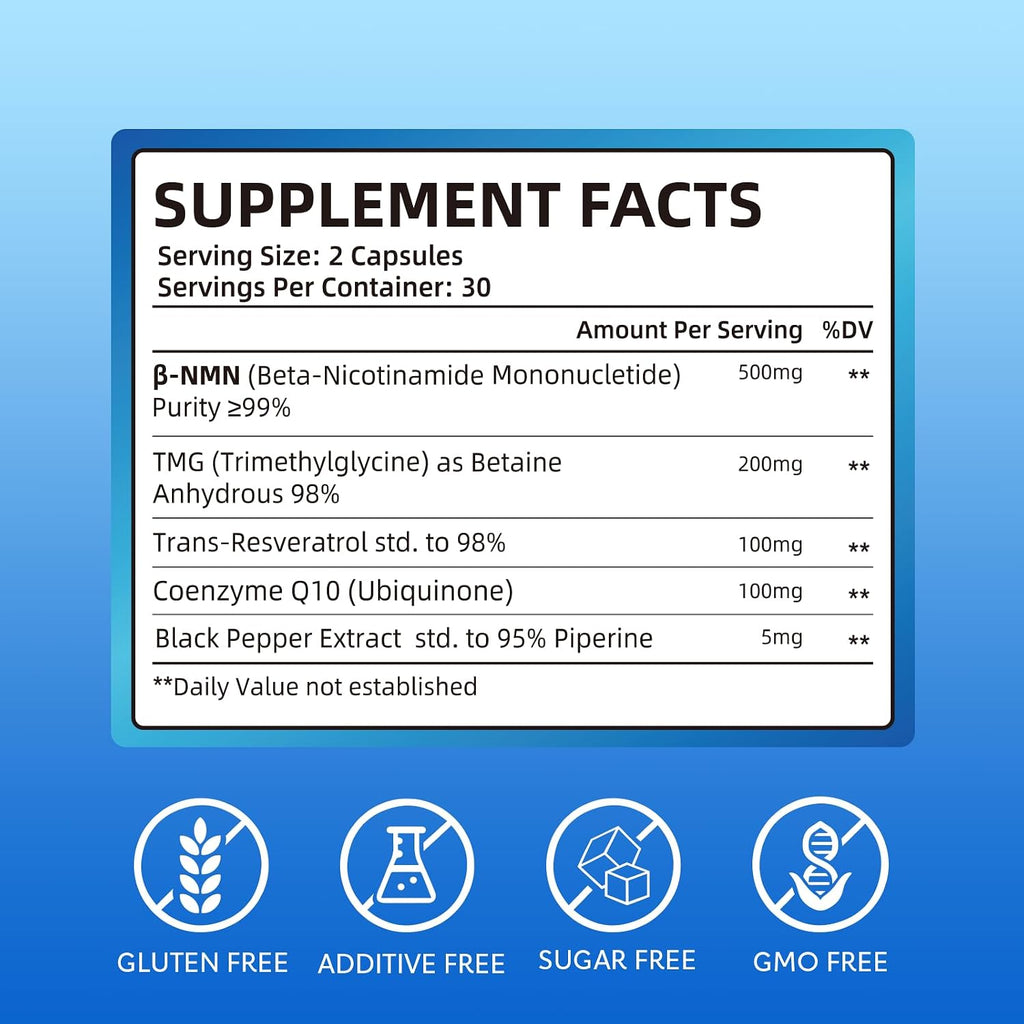 NMN 500mg Capsules, 5-in-1 with Resveratrol, TMG & CoQ10, 60 Count