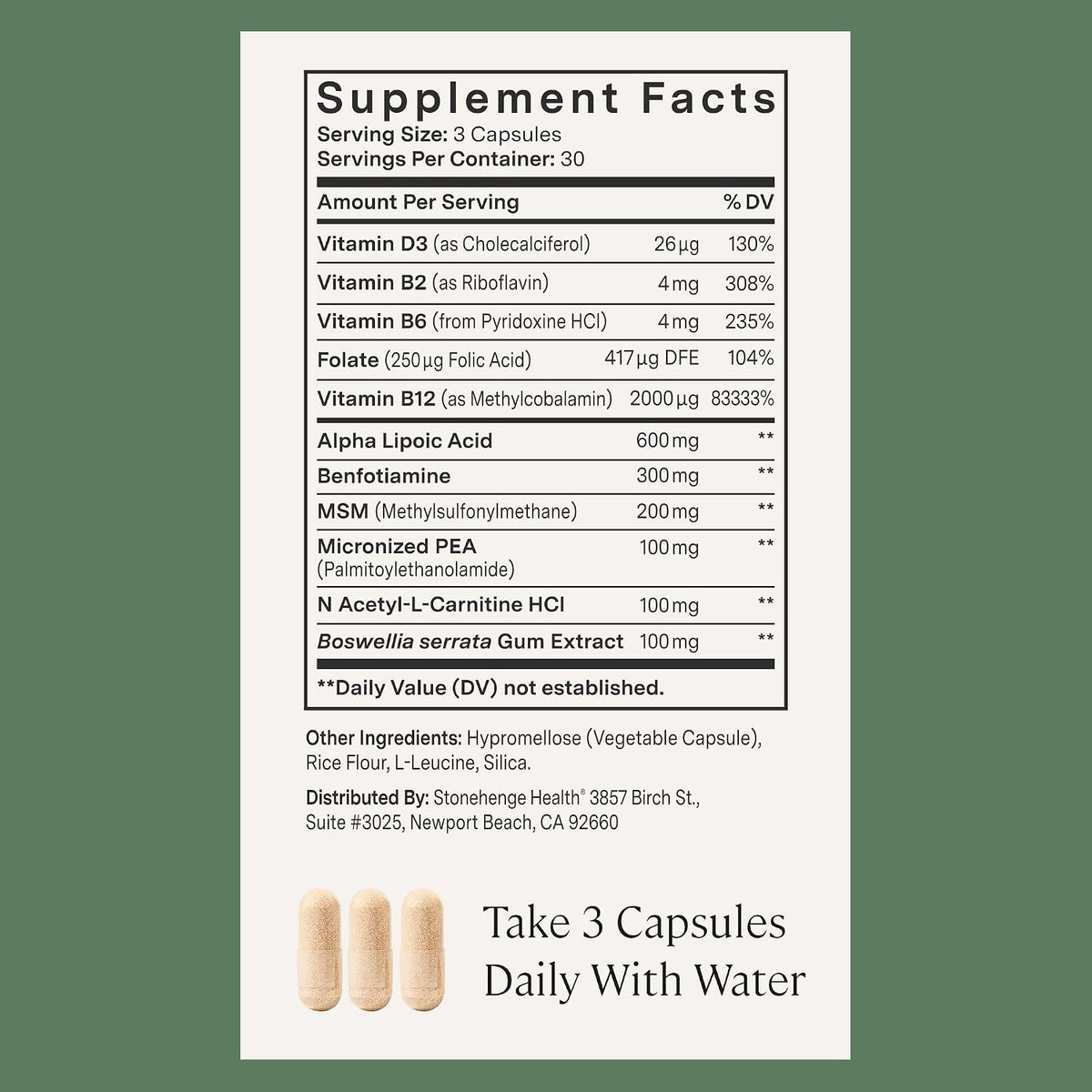 Stonehenge Health Dynamic Nerve Supplement - Supports Nerve Function in Fingers, Toes, Hands, and Feet with Alpha Lipoic Acid ALA, Benfotiamine, Pea, Robust B Complex, Boswellia