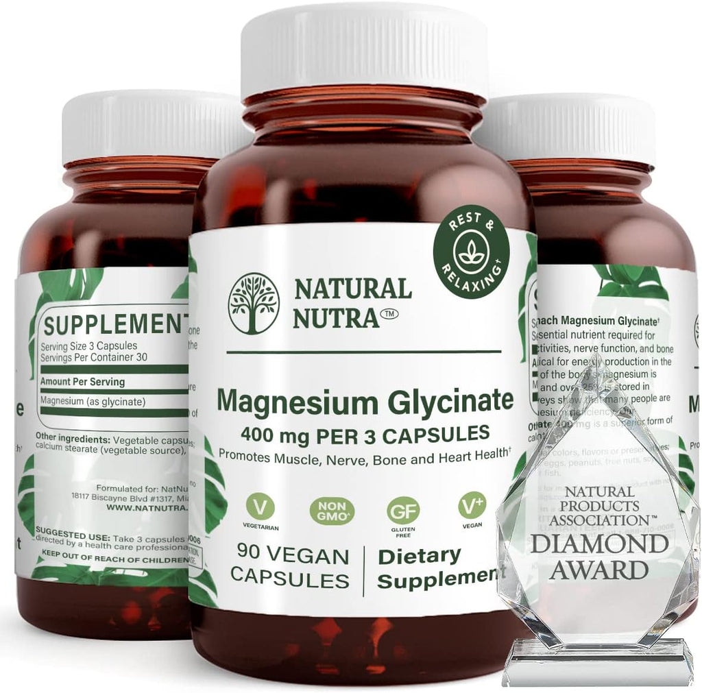 Natural Nutra Magnesium Glycinate 400 mg Supplement, Promotes Cardiovascular Health, Vegan, Helps Improve Bone Health, Soy Free, 90 Capsules