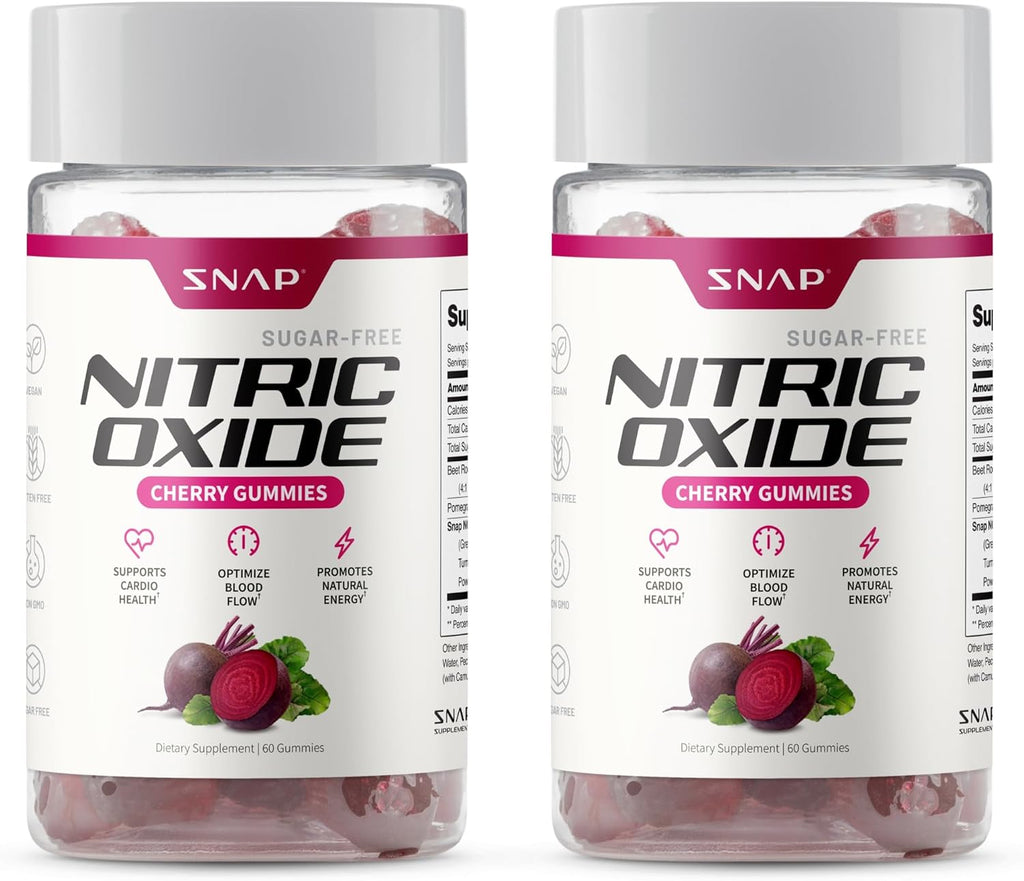 Snap Supplements Nitric Oxide Beet Root Gummies, Cherry, 60 Count (2-Pack) | Sugar Free, For Men & Women, Heart Health & Circulation, Organic Beetroot Extract, Natural Energy, B12, Beets Gummies