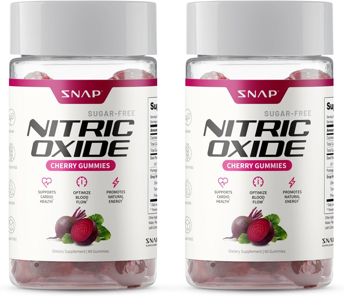 Snap Supplements Nitric Oxide Beet Root Gummies, Cherry, 60 Count (2-Pack) | Sugar Free, For Men & Women, Heart Health & Circulation, Organic Beetroot Extract, Natural Energy, B12, Beets Gummies