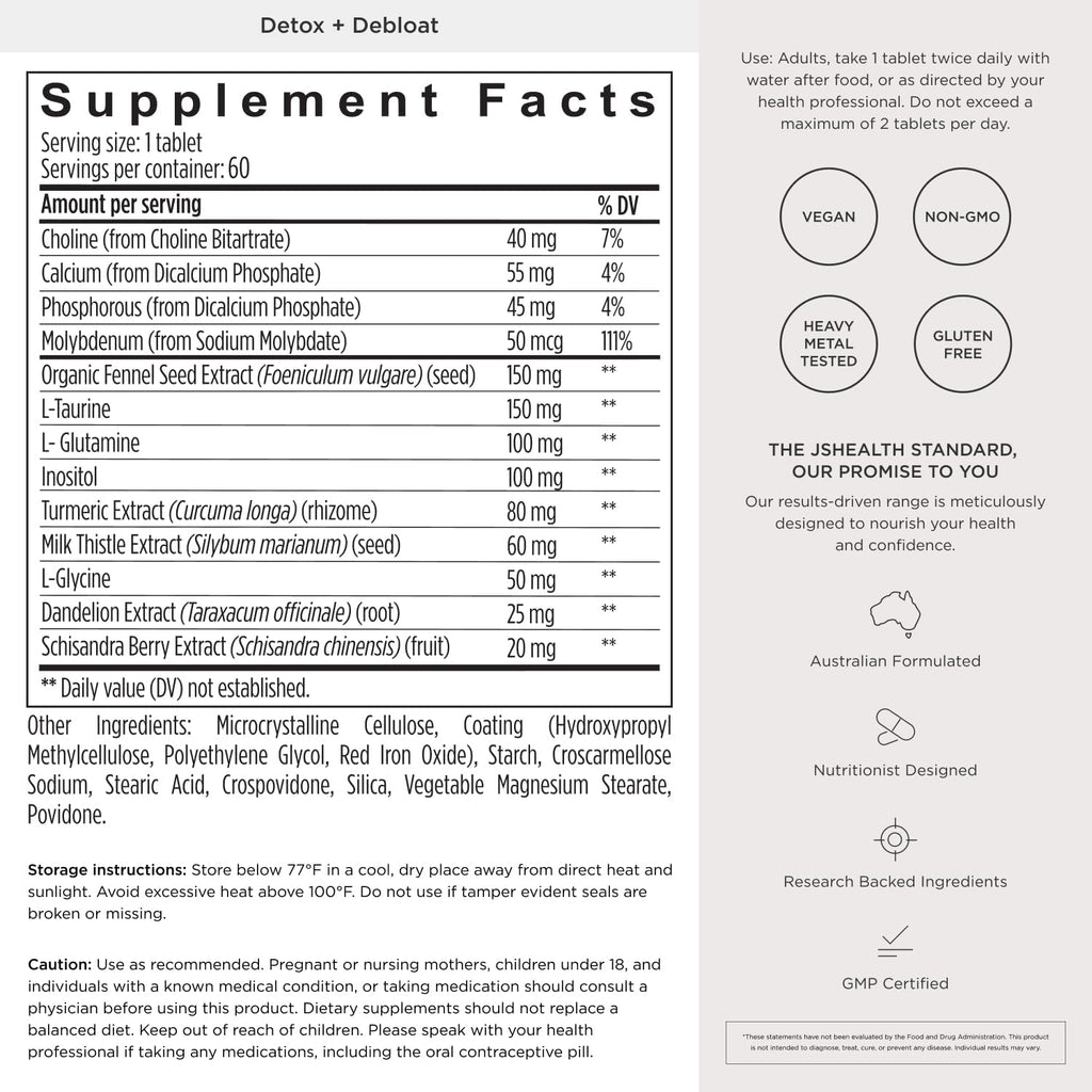 JSHealth Detox + Debloat. Bloating Relief for Women, 60 Tablets | Nutrionist-Formulated, Made with Milk Thistle, Turmeric, and Fennel. Liver Health and Gut Support.