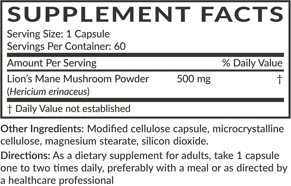 Futurebiotics Lion's Mane Mushroom 500 MG Vegan Friendly Formula, 60 Capsules