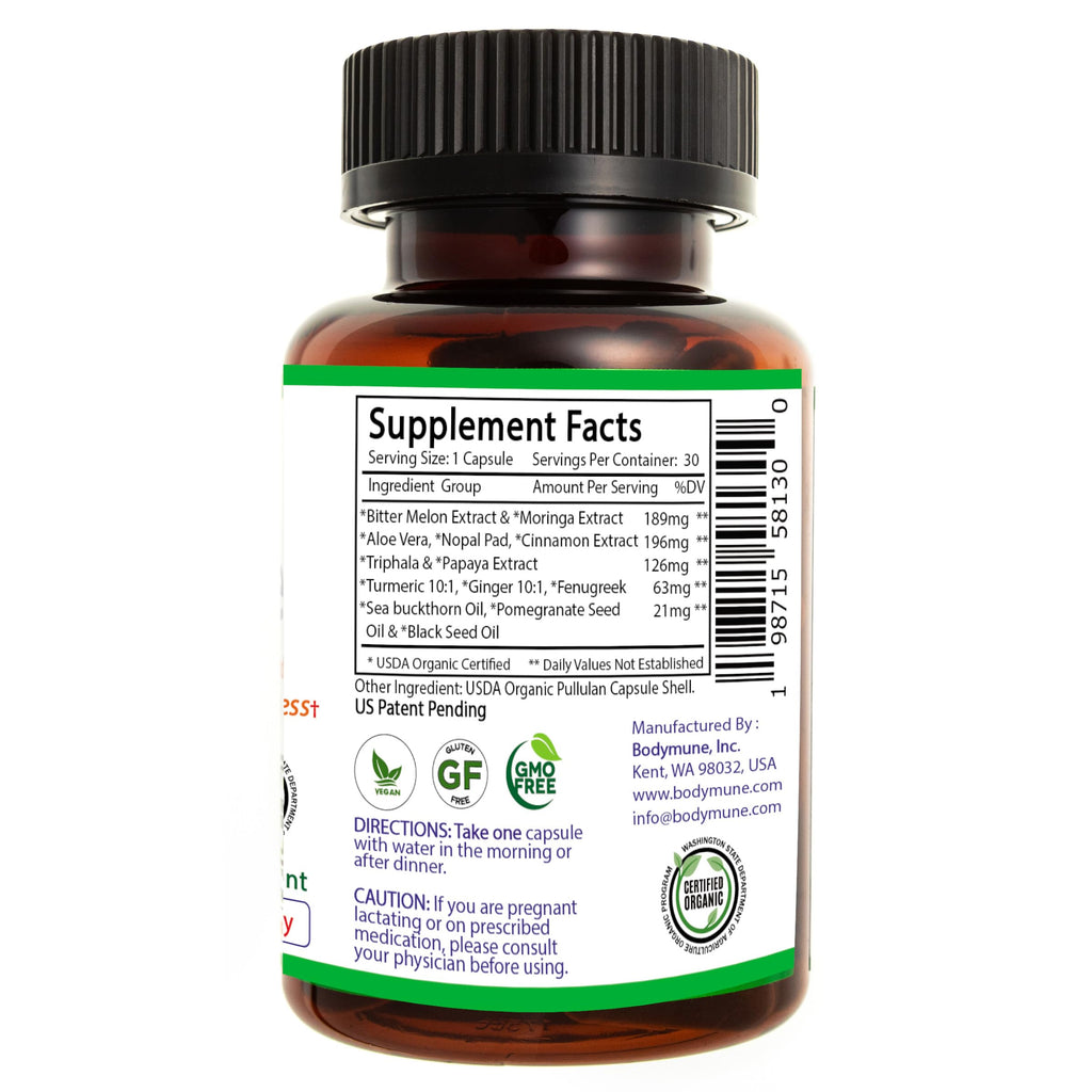 Bodymune Blood Sugar Blend – Organic Blood Sugar Support Supplement – with Bitter Melon Capsules, Moringa, & Black Seed Oil – 66 Capsules – USDA Organic, Vegan, Non-GMO