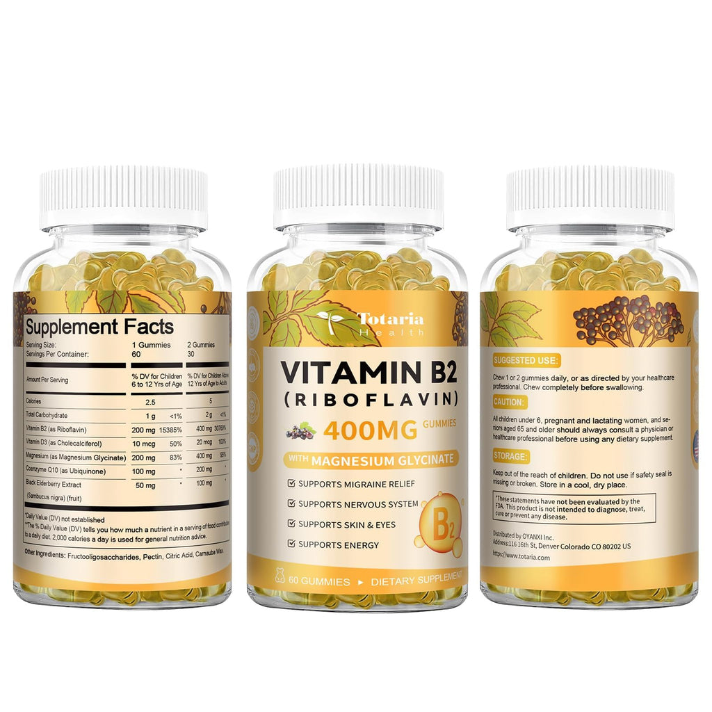 Totaria Vitamin B2 Gummies, Sugar Free Riboflavin 400mg Supplement for Adults & Kids with Magnesium Glycinate 400mg, COQ10 & Elderberry, Skin & Nervous System Support, Non-GMO, 60 Gummies