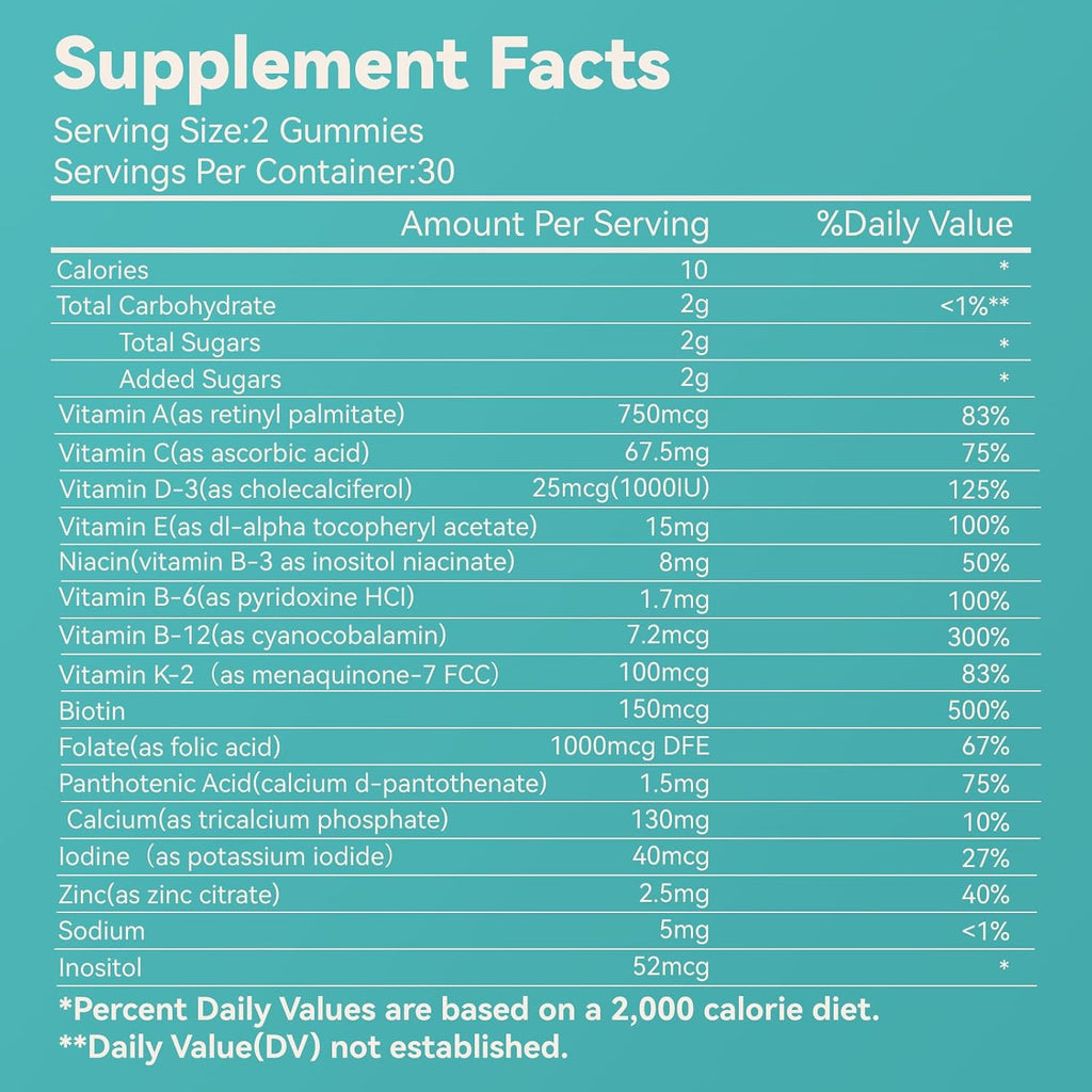 Women's Multivitamin Gummies, Vitamins A, C, D3, E, K, B12, Calcium, Biotin, Folic Acid, Inositol, Multivitamin for Women for Daily Nutritional Support, 30 Day Supply - 60 Count