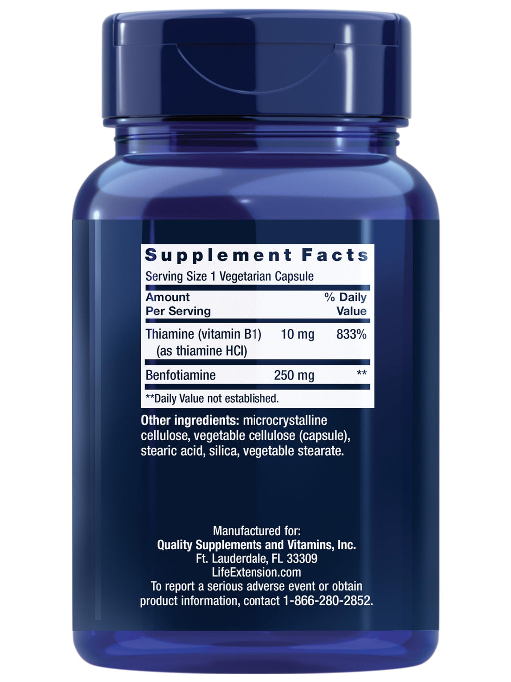 Life Extension Mega Benfotiamine 250 mg, 180 Vegetarian Capsules | 250 mg of benfotiamine and 10 mg of thiamine (vitamin B1) per capsule. Non-GMO, Gluten Free, Vegetarian.