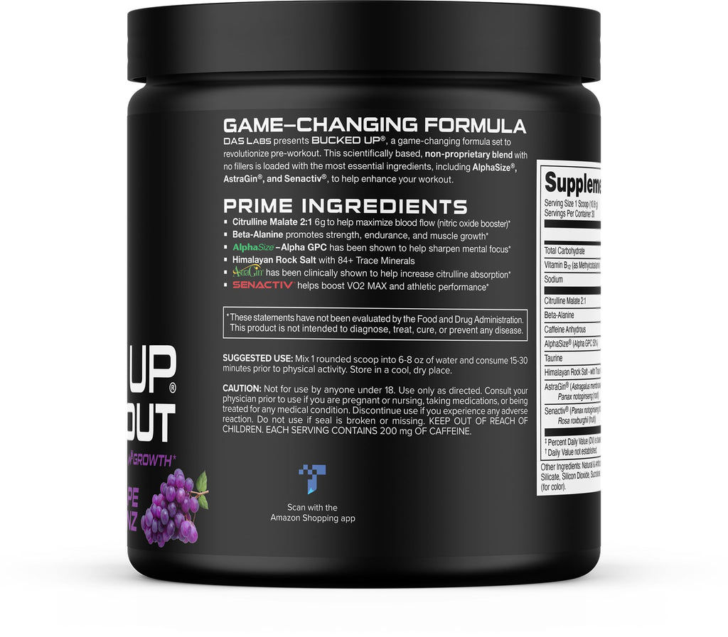 Bucked Up Pre Workout - Best Tasting - 6 Grams Citrulline, 2 Grams Beta Alanine Non Proprietary Blend, Powder (Strawberry Kiwi)