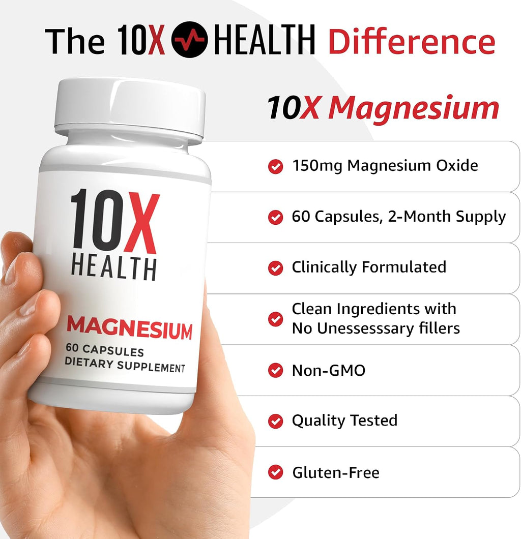 10X Health Magnesium Oxide Supplement, Sleep & Muscle Support, 60 Capsules | Magnesium for sleep support, relaxation support, muscle function, recovery support, and balanced nervous system*