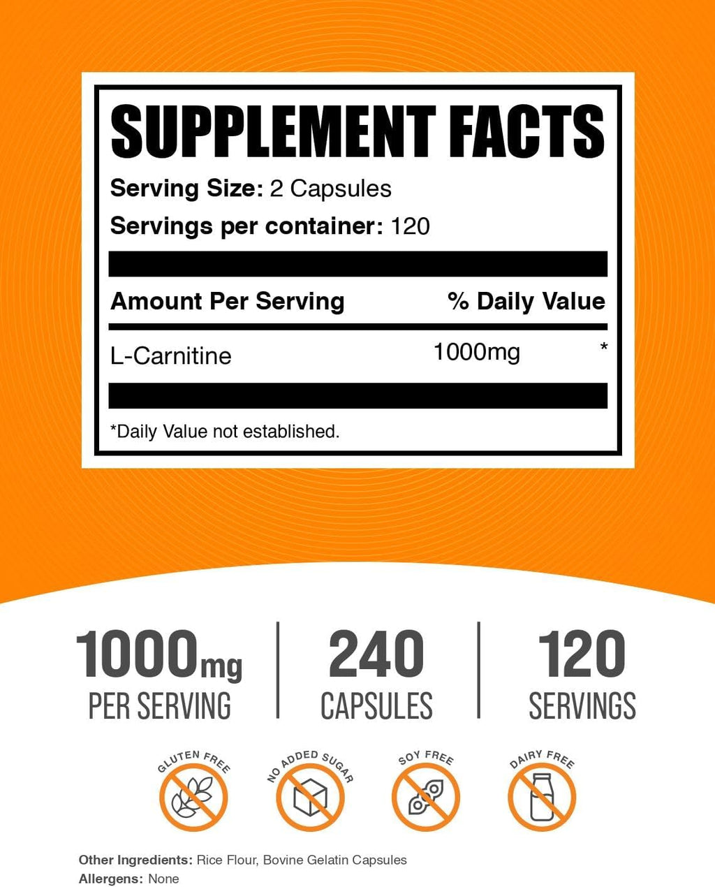 BulkSupplements.com L-Carnitine 1000mg Capsules - Carnitine Supplement, Amino Acid Supplement - Gluten Free, 2 Capsules per Serving (1000mg), 240 Count (Pack of 1)