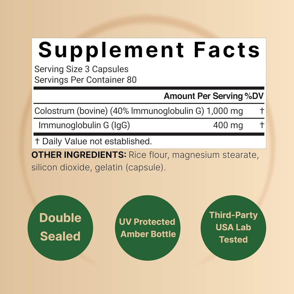 NatureBell Bovine Colostrum Supplement 1,000mg Per Serving, 240 Capsules | 40% IgG Colostrum Powder for Gut Health, Bloating, Skin, Hair & Immune Support – Non-GMO
