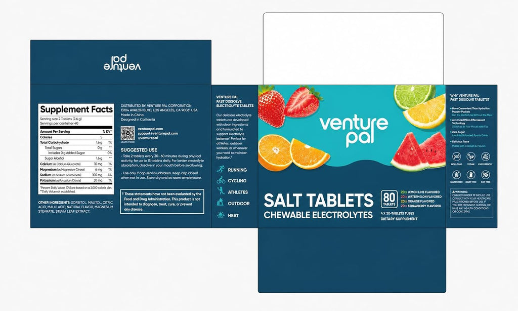 Venture Pal Chewable Electrolyte Tablets, 80 Count, Fast-Dissolve, Variety | Sugar Free Stick Salt Tablets, Gluten Free, Variety Pack for Rapid Hydration, Hiking, Outdoor Running, Keto & Vegan Friendly