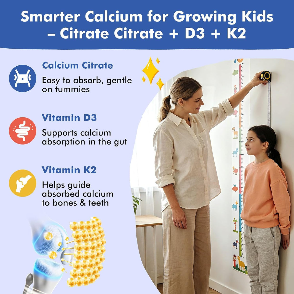 Kids Calcium Citrate Gummies with Vitamin D3 Supplement, Calcium Citrate 300/600 mg with Magnesium Zinc & Multivitamin for Kids 4+ & Teens, Support Bone Muscle & Digestive Health, Sugar Free, 60ct
