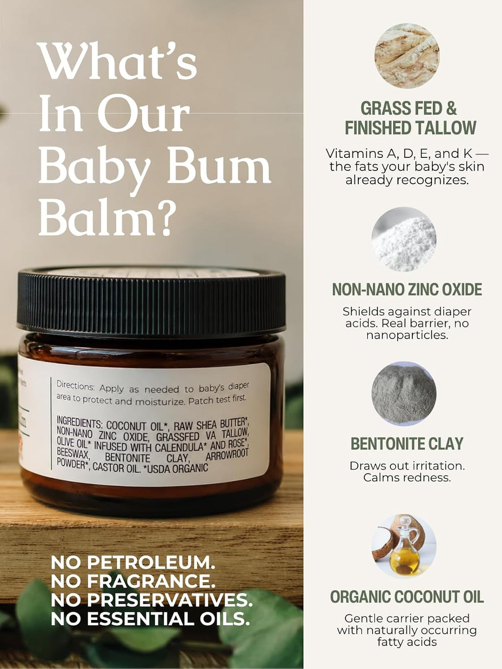Hearth & Homestead Baby Bum Balm, Grass Fed Tallow Diaper Rash Cream with Zinc Oxide & Bentonite Clay, Fragrance Free Diaper Cream for Sensitive Baby Skin, Newborn Safe, 2oz