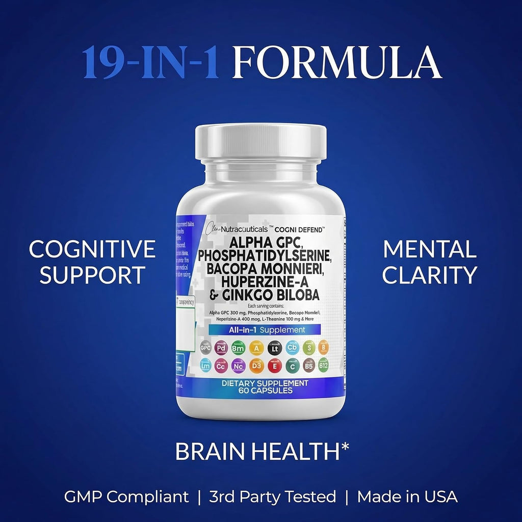 Brain Supplement Alpha GPC 300mg Phosphatidylserine Bacopa Monnieri Ginkgo Biloba Lions Mane Huperzine A L-Theanine NAC Nootropic Memory Focus Cognitive Support Vitamins B C D E 60 Capsules USA
