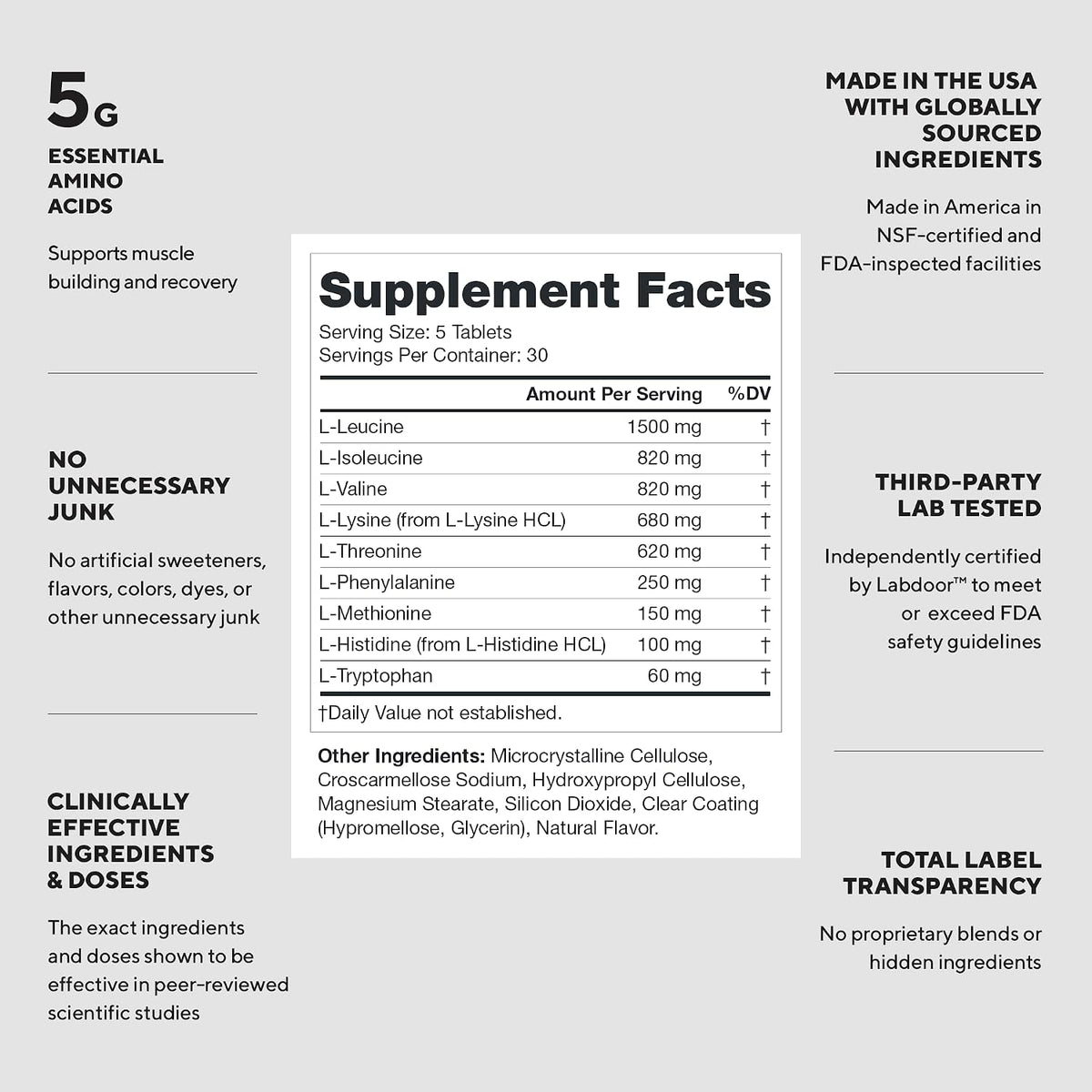 LEGION EAA Essential Amino Acid Tablets - 5000mg, 30 Servings | Lab-Verified 5,000mg EAAs with 1,500mg Leucine to Support Muscle Growth & Recovery. Clean Label with Zero Proprietary Blends