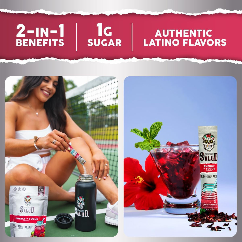 Salud 2-Pack | 2-in-1 Hydration + Immunity (Horchata) & Energy + Focus (Hibiscus) – 15 Servings Each, Agua Fresca Drink Mix, Non-GMO, Gluten Free, Vegan, Low Calorie, 1g of Sugar