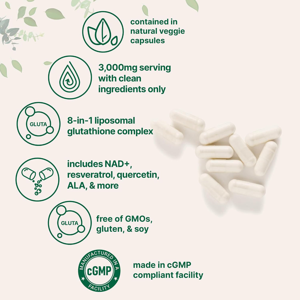 Micro Ingredients Liposomal Reduced Glutathione Complex 3,000mg - 8‑in‑1 Advanced Glutathione Supplement with NAD, Resveratrol, Quercetin, Alpha Lipoic Acid & Vitamin C - 120 Vegetarian Caps