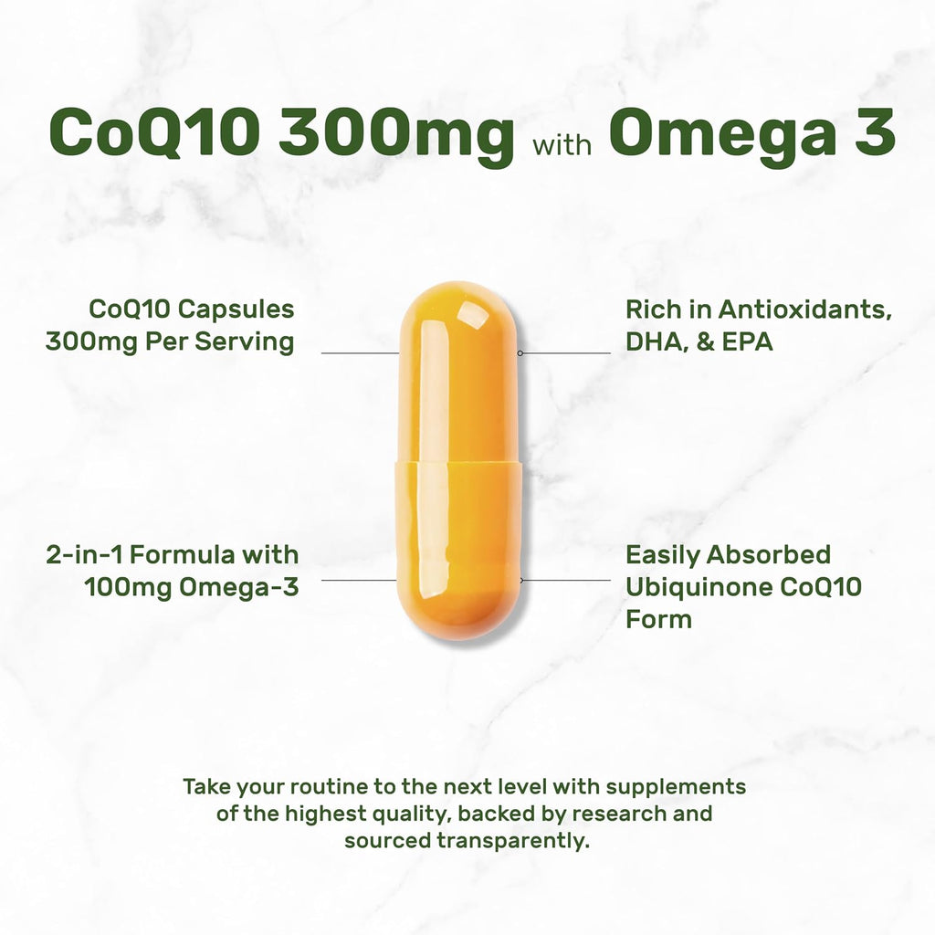 DEAL SUPPLEMENT CoQ10 300mg with Omega 3 100mg, 240 Capsules | Bioavailable Coenzyme Q10 Formula | Supports Heart, Energy & Brain Health | Antioxidant Support | Non-GMO