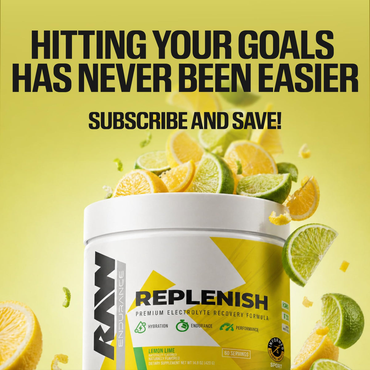 RAW Replenish, Premium Electrolytes Powder Recovery Formula, Lemon Lime (60 Servings) - Flavored Electrolyte Drink Mix Supplement for Hydration, Replenishment, Endurance & Performance Workouts
