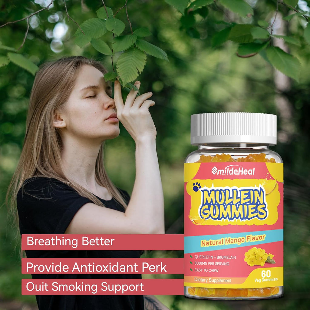 3000MG Mullein Gummies, Mullein Leaf Extract for Lungs, 60 Count | Sugar Free Mullein Gummies with Bromelain & Quercetin, Vegan