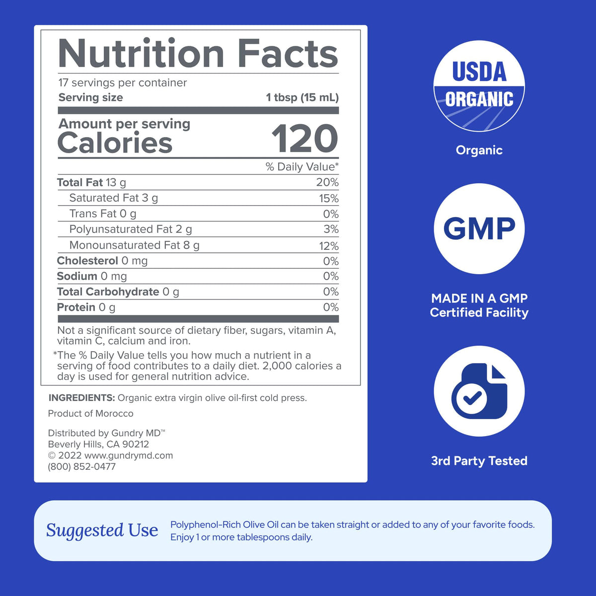 Gundry MD® Organic Extra Virgin Polyphenol-Rich Moroccan Olive Oil | Robust & Peppery Flavor, Cold Pressed, Wellness Supplement, USDA Organic, Best Results when Consumed as Supplement Shot