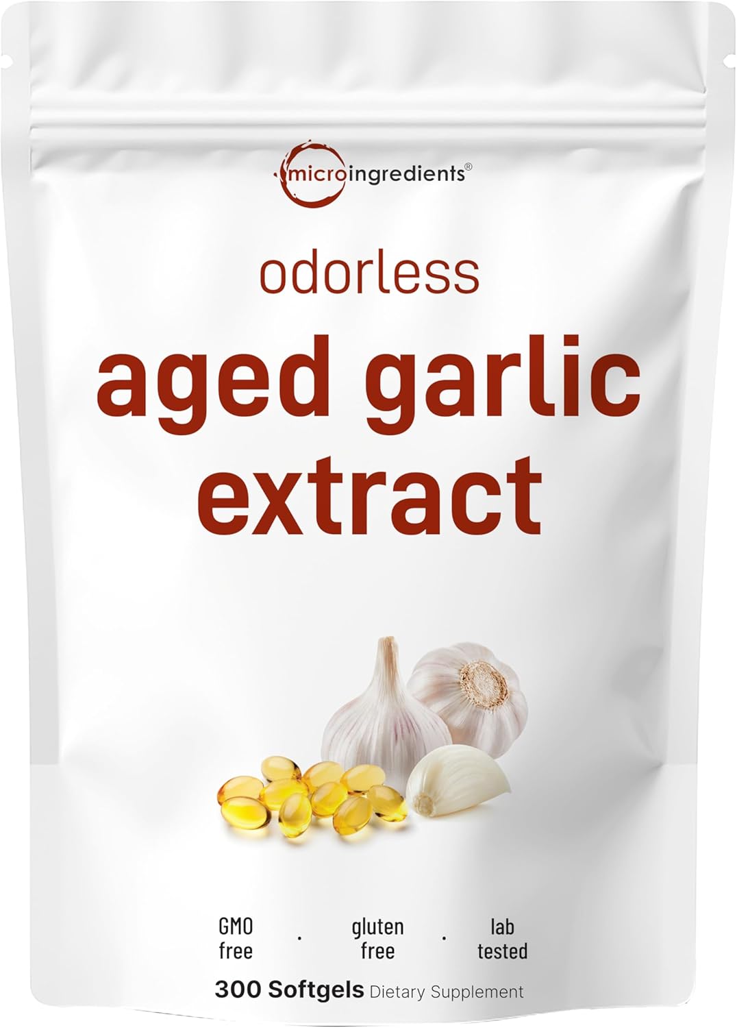 Micro Ingredients Odorless Garlic, 300 Softgels | 2 Years Aged Garlic Extract | Grown Allium Sativum Bulb | Natural Herbal Supplements | Non-GMO, Gluten Free