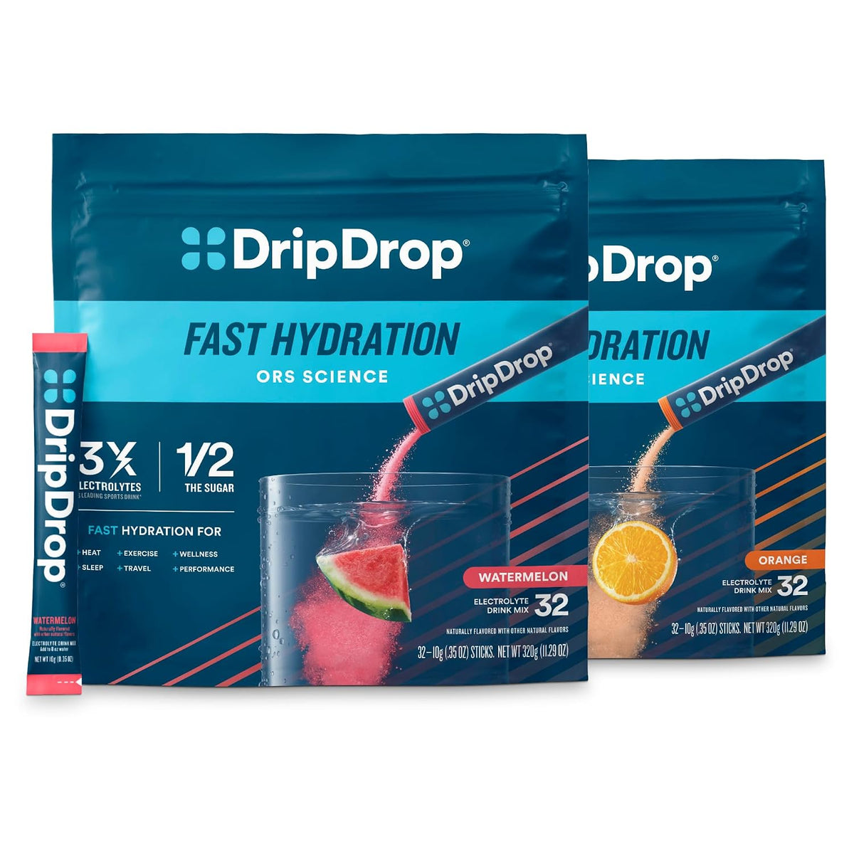 DripDrop Hydration Watermelon Orange Bundle, Electrolyte Packets, 64 Count | Watermelon, Orange; 3X Electrolytes; Potassium, Magnesium, Zinc, Vitamin C; Single Serve; Daily Use, Workouts, Travel