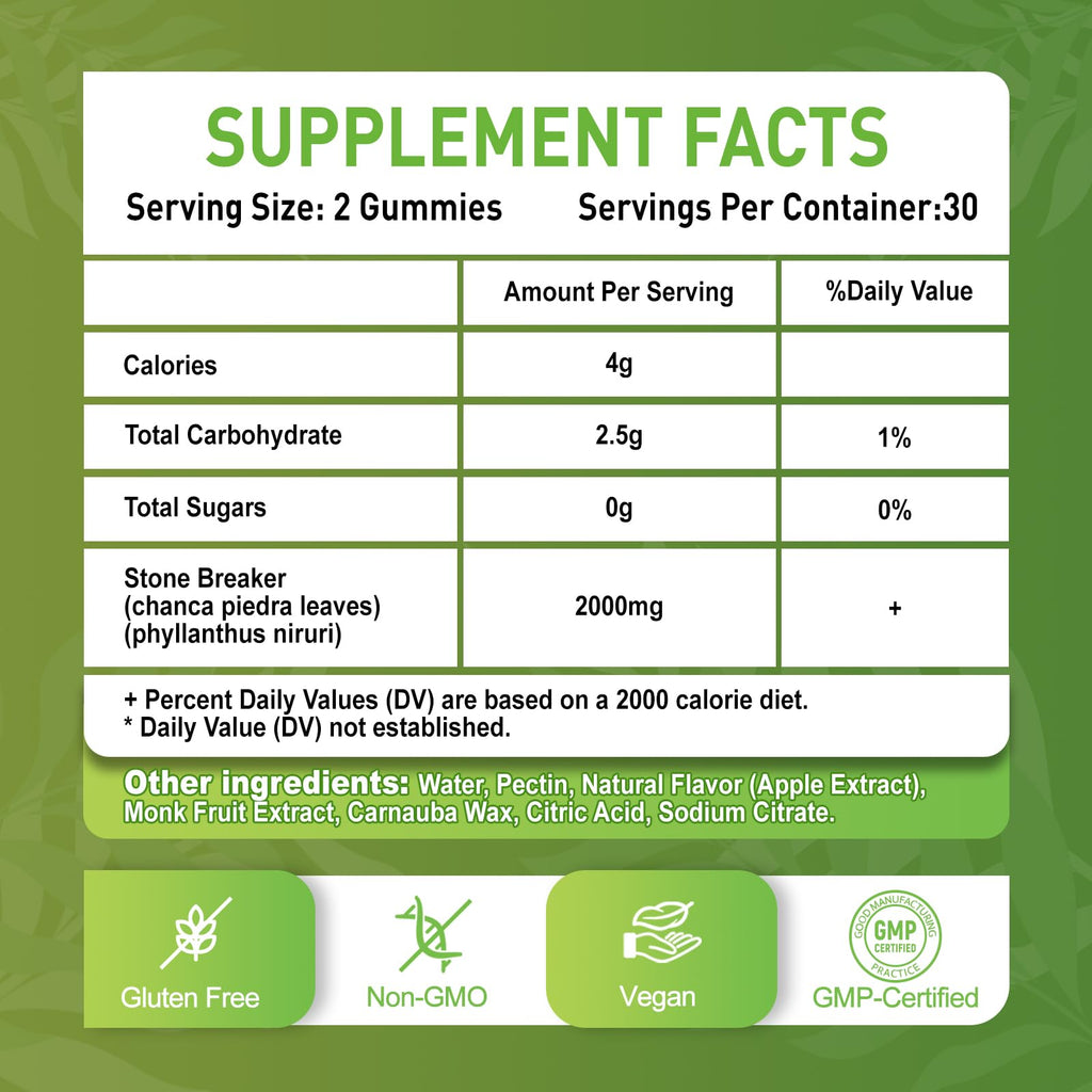 2 Pack Chanca Piedra Stone Breaker Gummies, Organic Herbal Supplement for Kidney Cleanse & Gallbladder Health, Kidney Stones Dissolver, Sugar Free, Vegan, Non-GMO, Apple Flavor