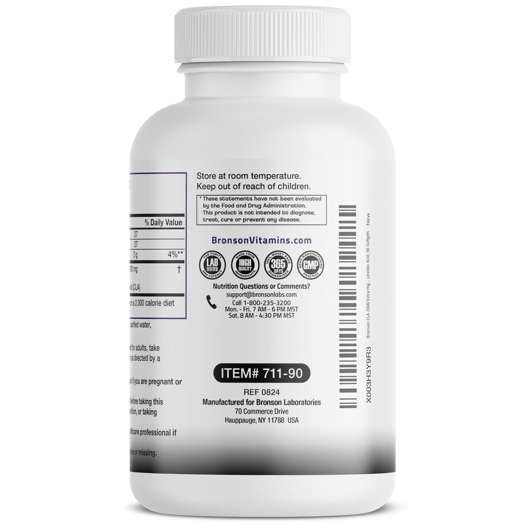 Bronson CLA 3000 Extra High Potency Supports Healthy Weight Management Lean Muscle Mass Non-Stimulating Conjugated Linoleic Acid 120 Softgels | 2250 mg Active CLA per Serving, Non-Stimulating, 100% Safflower Oil, Lean Body Mass Support, Non-GMO