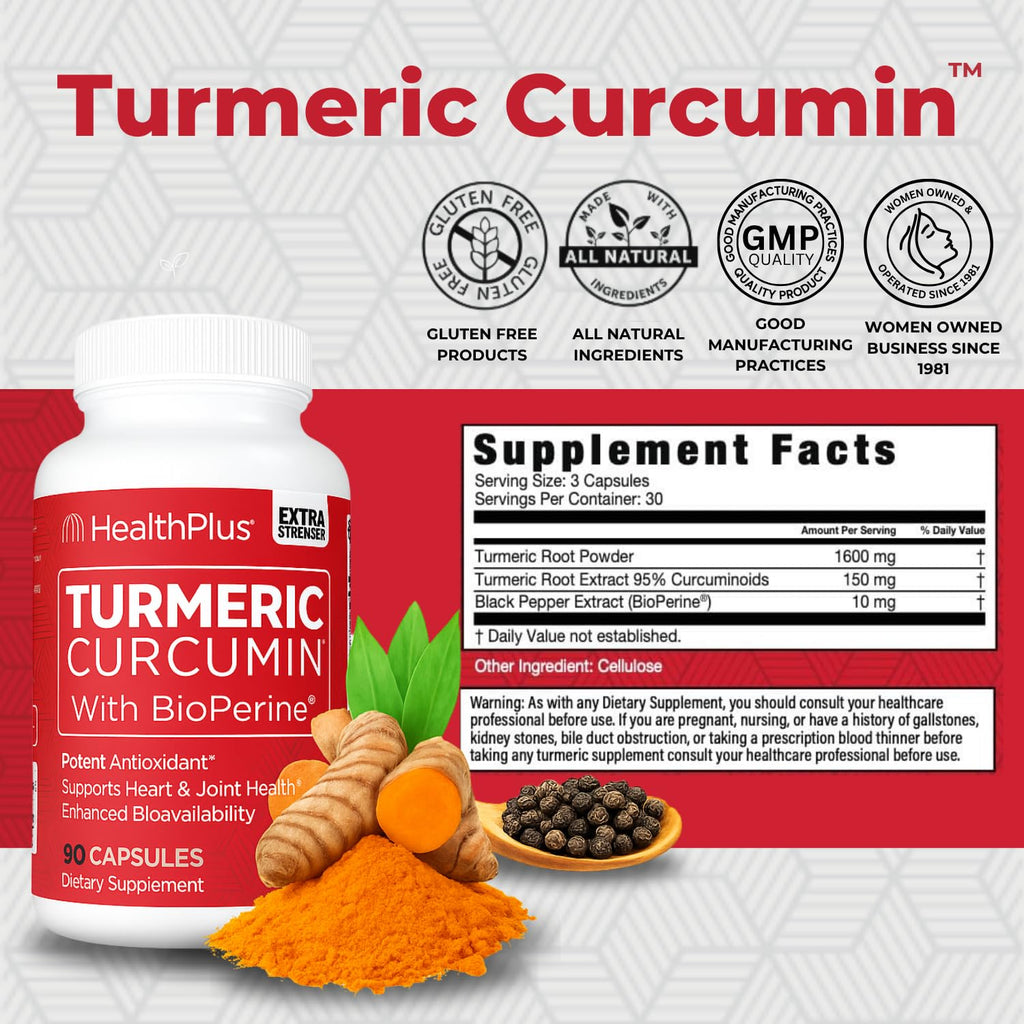 Health Plus Turmeric Curcumin with BioPerine, 90 Capsules, 30 Servings | 150mg Turmeric Extract 95% Curcuminoids with BioPerine, no preservatives; supports joint health and antioxidant protection