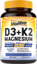 Vitalibre D3 K2 + Magnesium Supplement, 10000 IU Vitamin D3 & 200 mcg K2, with Magnesium Glycinate, Bone, Teeth, Immune & Energy Support, High Absorption, Non-GMO, Easy to Swallow, 60 Capsules